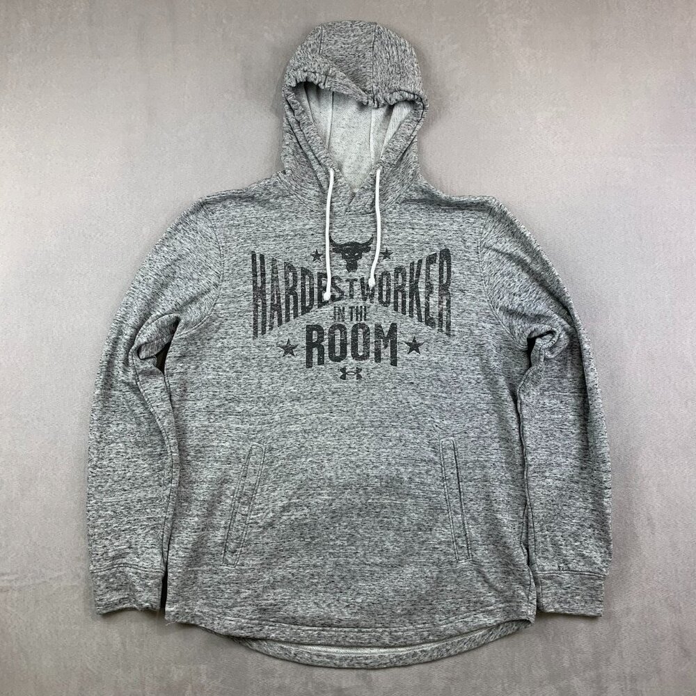 Under Armour Project Rock Mens Sweater Medium Gray Hoodie Hardest Worker In Room